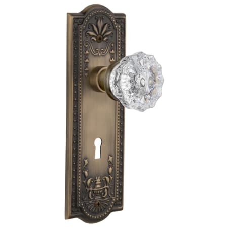 Nostalgic Warehouse Crystal Solid Brass Vintage Skeleton Key Retrofit Entry Handleset Trim with Meadows Rose, Keyhole and 2-1/4" Backset Antique Brass