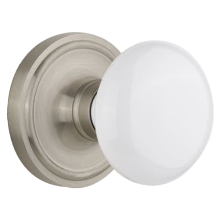 Nostalgic Warehouse Vintage White Porcelain Privacy Door Knob Set with Solid Brass Classic Rose Plate and 2-3/8" Backset Satin Nickel