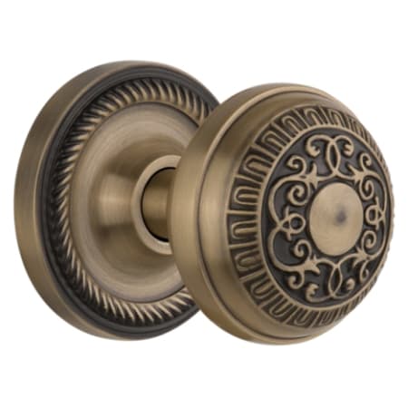 Nostalgic Warehouse Egg and Dart Solid Brass Vintage Skeleton Key Retrofit Entry Handleset Trim with Rope Rose, Keyhole and 2-1/4" Backset Antique Brass