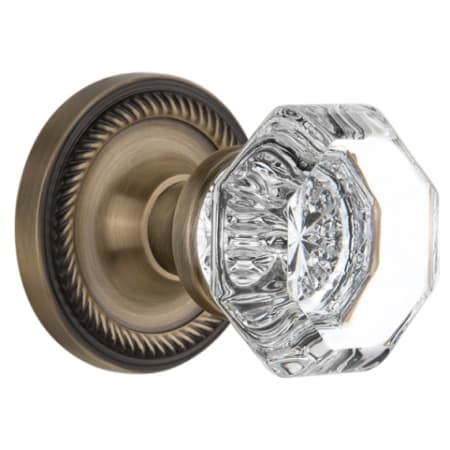 Nostalgic Warehouse Waldorf Lead Crystal Retrofit Entry Knobset with Solid Brass Vintage Round Rope Trim Backplate, Skeleton Keyhole and 2-1/4" Backset Antique Brass