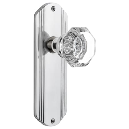 Nostalgic Warehouse Vintage Luxe Waldorf Lead Crystal Octagon Privacy Door Knob Set with Brass Art Deco Plate and 2-3/8" Backset Bright Chrome
