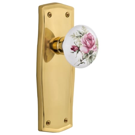Nostalgic Warehouse Vintage Farmhouse Painted Rose Privacy Door Knob Set with Solid Brass Prairie Country Backplate and 2-3/8" Backset Polished Brass