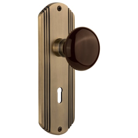 Nostalgic Warehouse Vintage Brown Porcelain Dummy Door Knob Set with Art Deco Plate and Keyhole Antique Brass