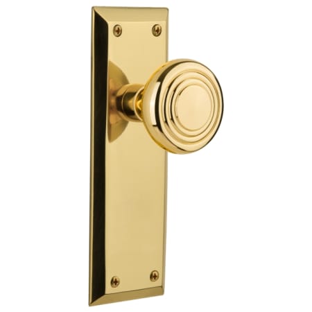 Nostalgic Warehouse Deco Solid Brass Passage Door Knob Set with New York Rose and 2-3/8" Backset Unlacquered Brass