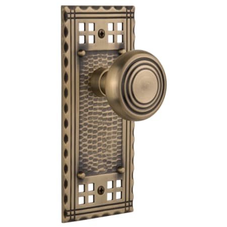 Nostalgic Warehouse Vintage Art Deco Solid Brass Passage Door Knob Set with Long Craftsman Plate and 2-3/8" Backset Antique Brass