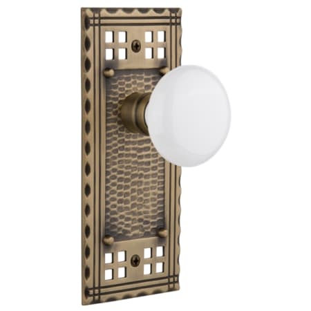Nostalgic Warehouse Vintage White Porcelain Passage Door Knob Set with Forged Brass Long Craftsman Plate and 2-3/4" Backset Antique Brass