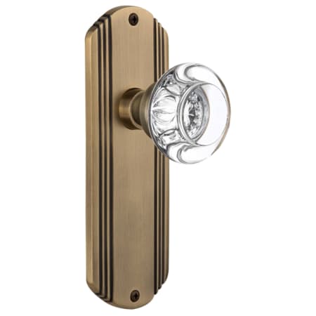 Nostalgic Warehouse Round Clear Crystal Passage Door Knob Set with Solid Brass Art Deco Back Plate and 2-3/4" Backset Antique Brass