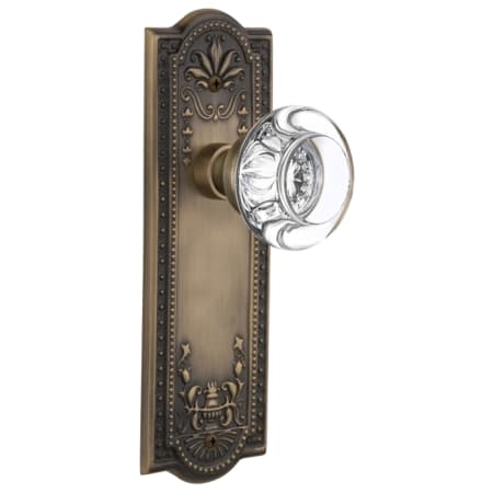 Nostalgic Warehouse Round Clear Crystal Solid Brass Passage Door Knob Set with Meadows Rose and 2-3/4" Backset Antique Brass