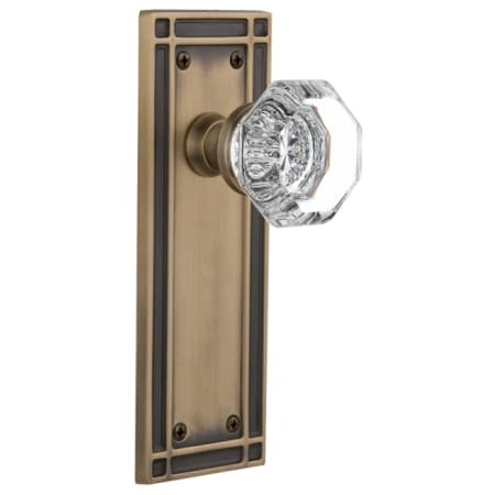 Nostalgic Warehouse Waldorf Lead Crystal Passage Door Knob Set with Solid Brass Mission Backplate and 2-3/4" Backset Antique Brass