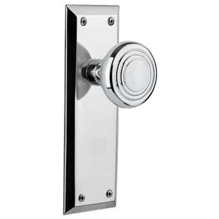 Nostalgic Warehouse Deco Solid Brass Passage Door Knob Set with New York Rose and 2-3/4" Backset Bright Chrome