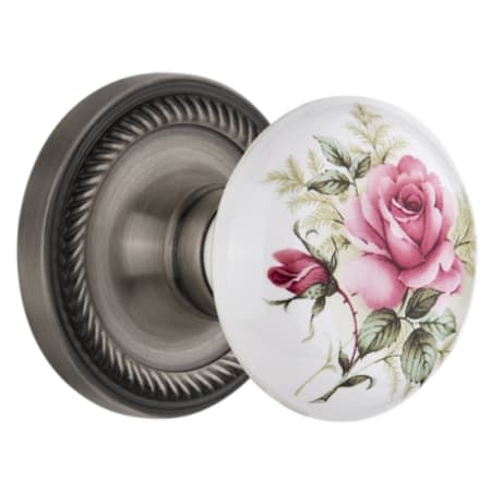 Nostalgic Warehouse Rose Porcelain Solid Brass Passage Door Knob Set with Rope Rose and 2-3/4" Backset Antique Pewter