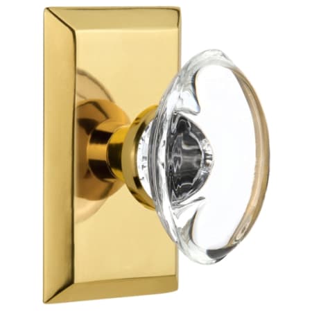Nostalgic Warehouse Oval Clear Crystal Solid Brass Passage Door Knob Set with Studio Rose and 2-3/4" Backset Polished Brass