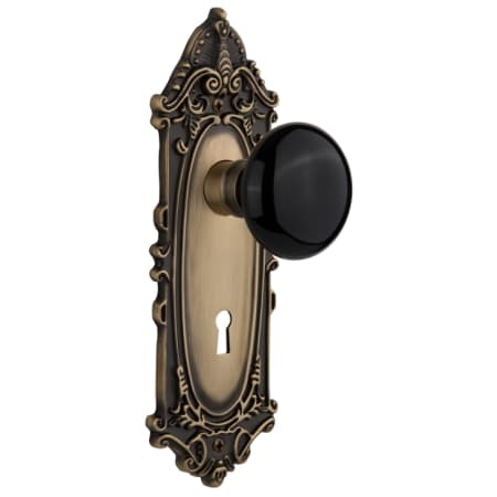 Nostalgic Warehouse Black Porcelain Solid Brass Dummy Door Knob Set with Victorian Rose and Keyhole Antique Brass