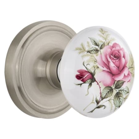Nostalgic Warehouse Vintage Porcelain Painted Rose Passage Door Knob Set with Solid Brass Classic Rose Plate and 2-3/8" Backset Satin Nickel