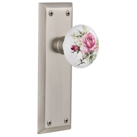 Nostalgic Warehouse Rose Porcelain Solid Brass Single Dummy Door Knob with New York Rose Satin Nickel