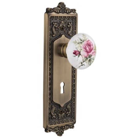 Nostalgic Warehouse Rose Porcelain Solid Brass Single Dummy Door Knob with Egg and Dart Rose and Keyhole Antique Brass