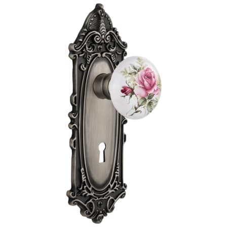 Nostalgic Warehouse Rose Porcelain Solid Brass Single Dummy Door Knob with Victorian Rose and Keyhole Antique Pewter