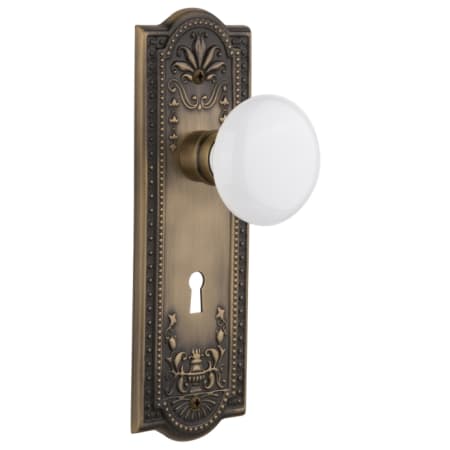 Nostalgic Warehouse Vintage Farmhouse White Porcelain Passage Door Knob Set with Solid Brass Meadows Rose, Keyhole and 2-3/4" Backset Antique Brass