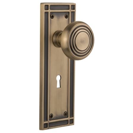 Nostalgic Warehouse Art Deco Solid Brass Passage Door Knob Set with Mission Rose, Keyhole and 2-3/4" Backset Antique Brass