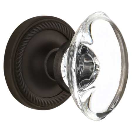 Nostalgic Warehouse Oval Clear Crystal Solid Brass Privacy Door Knob Set with Rope Rose and 2-3/8" Backset Oil-Rubbed Bronze
