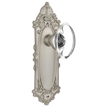 Nostalgic Warehouse Oval Clear Crystal Solid Brass Privacy Door Knob Set with Victorian Rose and 2-3/8" Backset Satin Nickel