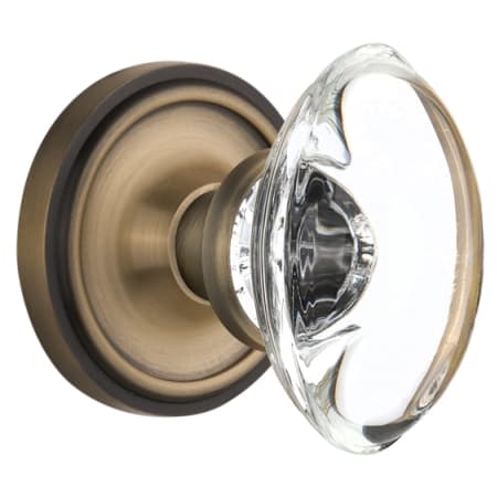 Nostalgic Warehouse Vintage Oval Egg Clear Crystal Knob Vintage Skeleton Key Retrofit Entry Handleset Trim with Solid Brass Classic Rose Plate, Keyhole and 2-1/4" Backset Antique Brass