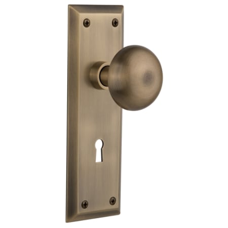 Nostalgic Warehouse New York Solid Brass Passage Door Knob Set with Keyhole and 2-3/4" Backset Antique Brass