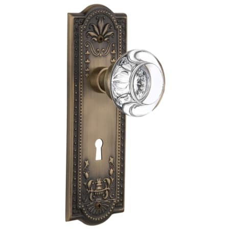 Nostalgic Warehouse Round Clear Crystal Solid Brass Single Dummy Door Knob with Meadows Rose and Keyhole Antique Brass