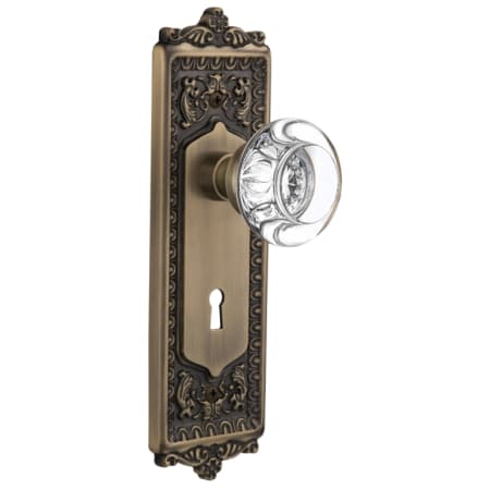 Nostalgic Warehouse Vintage Round Clear Crystal Dummy Door Knob Set with Solid Brass Victorian Egg and Dart Back Plate and Keyhole Antique Brass