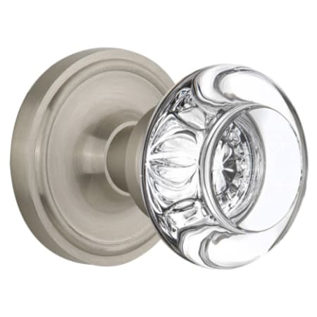 Nostalgic Warehouse Round Clear Crystal Privacy Door Knob Set with Solid Brass Classic Rose and 2-3/8" Backset Satin Nickel
