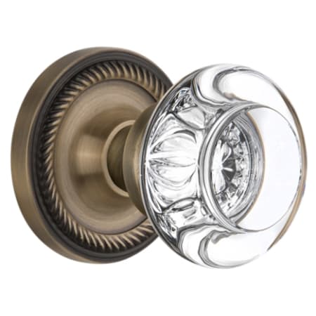 Nostalgic Warehouse Round Clear Crystal Solid Brass Vintage Skeleton Key Retrofit Entry Handleset Trim with Rope Rose, Keyhole and 2-1/4" Backset Antique Brass