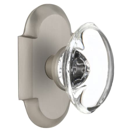 Nostalgic Warehouse Vintage Oval Clear Crystal Privacy Door Knob Set with Solid Brass Cottage Style Plate and 2-3/8" Backset Satin Nickel