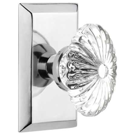 Nostalgic Warehouse Oval Fluted Crystal Solid Brass Passage Door Knob Set with Studio Rose and 2-3/8" Backset Bright Chrome