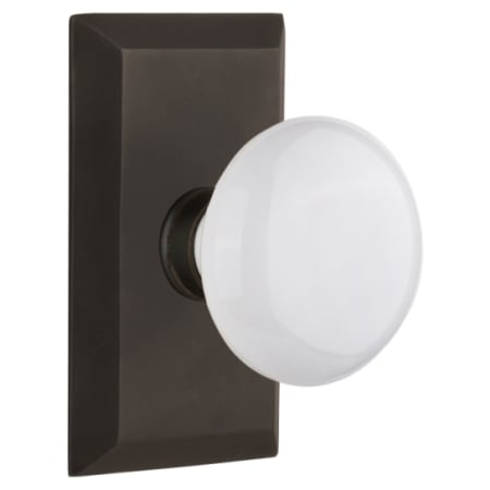 Nostalgic Warehouse White Porcelain Solid Brass Passage Door Knob Set with Studio Rose and 2-3/8" Backset Oil-Rubbed Bronze