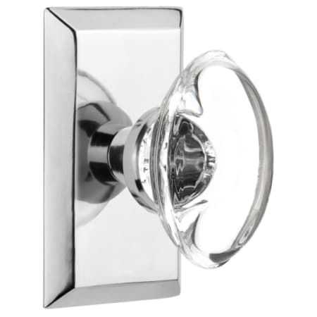 Nostalgic Warehouse Oval Clear Crystal Solid Brass Privacy Door Knob Set with Studio Rose and 2-3/8" Backset Bright Chrome