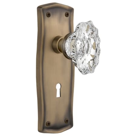 Nostalgic Warehouse VIntage Fluted Chateau Crystal Privacy Door Knob Set with Solid Brass Prairie Backplate, Keyhole and 2-3/8" Backset Antique Brass