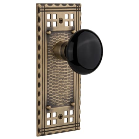 Nostalgic Warehouse Black Porcelain Solid Brass Privacy Door Knob Set with Long Craftsman Plate and 2-3/4" Backset Antique Brass