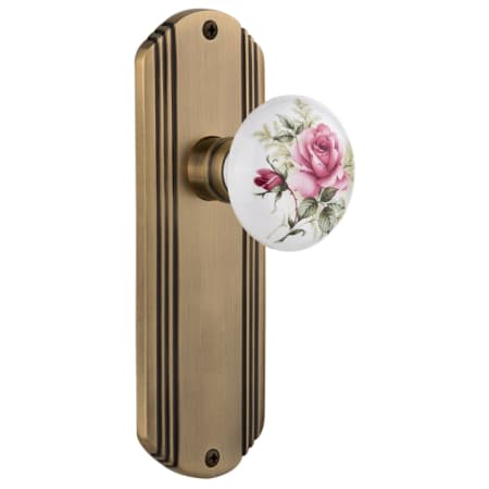 Nostalgic Warehouse Vintage Porcelain Painted Rose Privacy Door Knob Set with Solid Brass Art Deco Plate and 2-3/4" Backset Antique Brass