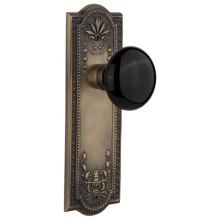 Nostalgic Warehouse Black Porcelain Solid Brass Privacy Door Knob Set with Meadows Rose and 2-3/4" Backset Antique Brass