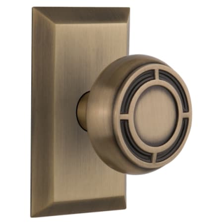 Nostalgic Warehouse Mission Solid Brass Privacy Door Knob Set with Studio Rose and 2-3/8" Backset Antique Brass