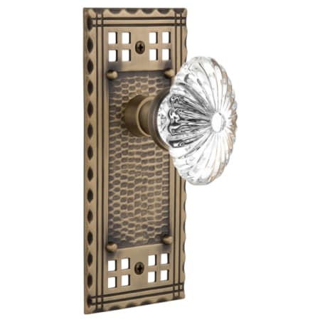 Nostalgic Warehouse Vintage Farmhouse Oval Egg Fluted Lead-Free Crystal Flower Passage Door Knob Set with Long Craftsman Plate and 2-3/8" Backset Antique Brass