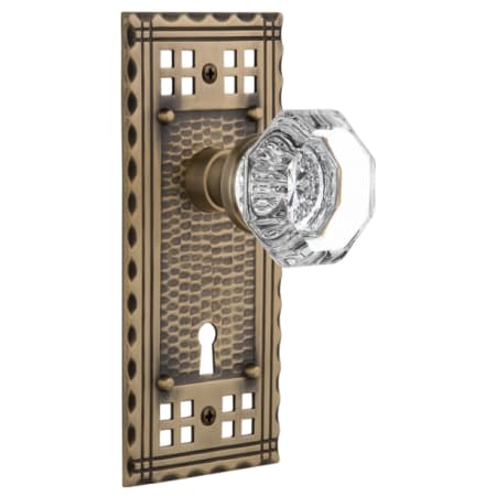 Nostalgic Warehouse Vintage Luxe Waldorf Lead Crystal Octagon Single Dummy Door Knob with Forged Brass Long Craftsman Plate and Keyhole Antique Brass