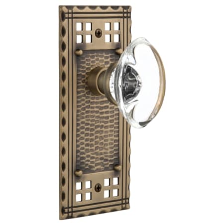 Nostalgic Warehouse Vintage Oval Clear Crystal  Privacy Door Knob Set with Solid Brass Long Craftsman Plate and 2-3/8" Backset Antique Brass