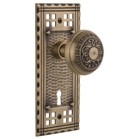 Nostalgic Warehouse Renaissance Egg and Dart Solid Brass Privacy Door Knob Set with Long Craftsman Plate, Keyhole and 2-3/8" Backset Antique Brass