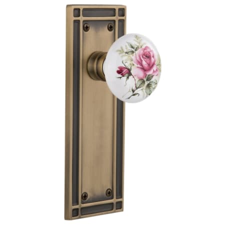 Nostalgic Warehouse Rose Porcelain Solid Brass Dummy Door Knob Set with Mission Rose Antique Brass