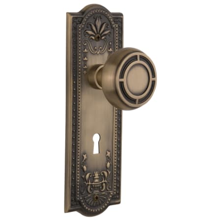 Nostalgic Warehouse Mission Solid Brass Passage Door Knob Set with Meadows Rose, Keyhole and 2-3/8" Backset Antique Brass