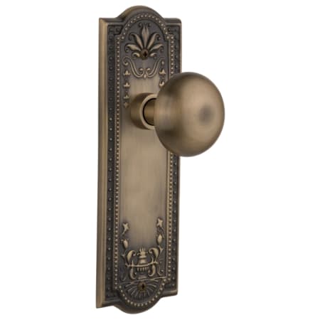 Nostalgic Warehouse New York Solid Brass Privacy Door Knob Set with Meadows Rose and 2-3/4" Backset Antique Brass