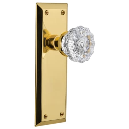 Nostalgic Warehouse Lead Crystal Solid Brass Passage Door Knob Set with Solid Brass New York Backplate and 2-3/8" Backset Unlacquered Brass