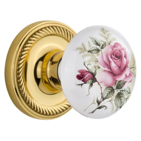 Nostalgic Warehouse Rose Porcelain Solid Brass Privacy Door Knob Set with Rope Rose and 2-3/4" Backset Unlacquered Brass