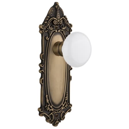 Nostalgic Warehouse White Porcelain Solid Brass Privacy Door Knob Set with Victorian Rose and 2-3/4" Backset Antique Brass